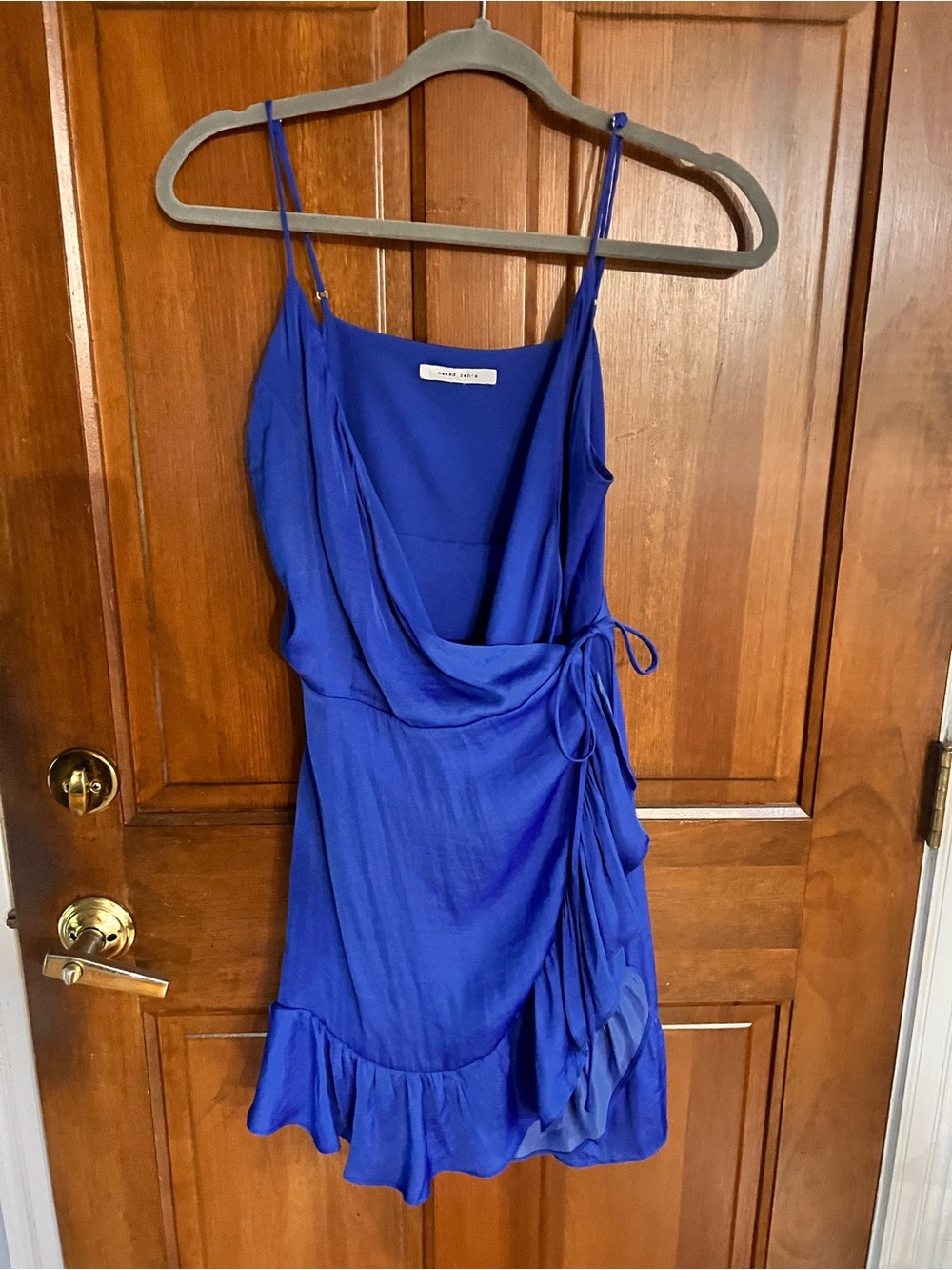 Naked Zebra Royal Blue Cowl Wrap Mini Dress